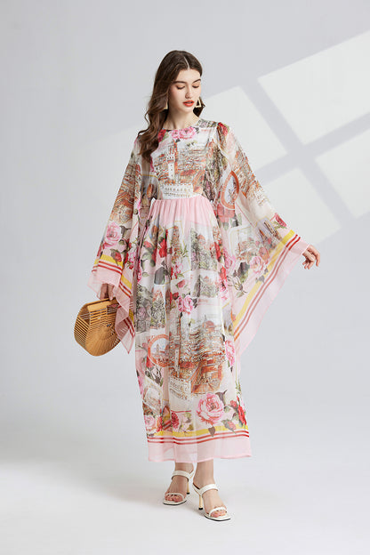 Vintage Palace Style Trumpet Long Sleeved Loose Printed A Line Large Swing Dress Tencel Long Dress