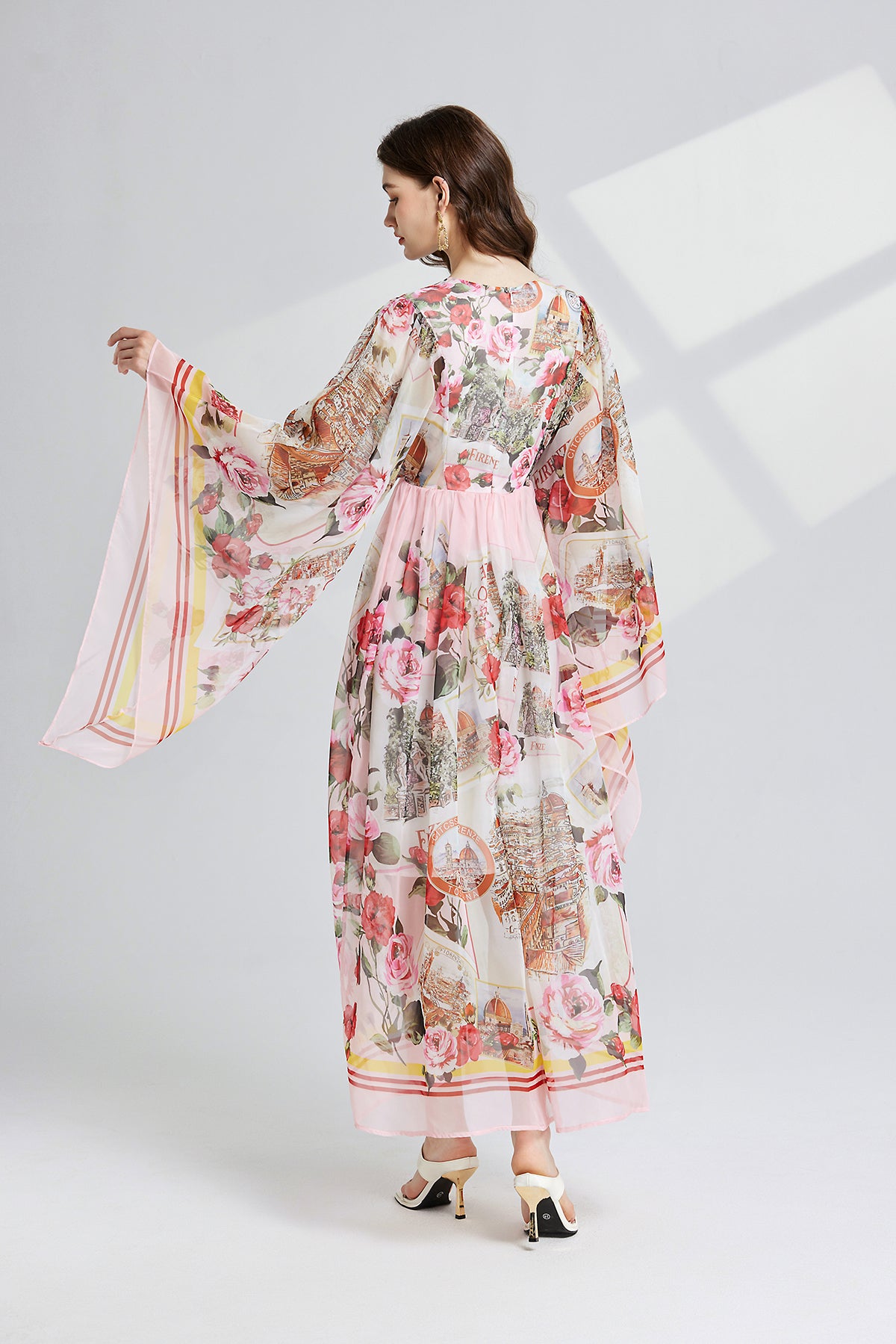 Vintage Palace Style Trumpet Long Sleeved Loose Printed A Line Large Swing Dress Tencel Long Dress