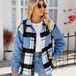 Women Clothing Washed Black White Plaid Casual Denim Long Sleeve Jacket