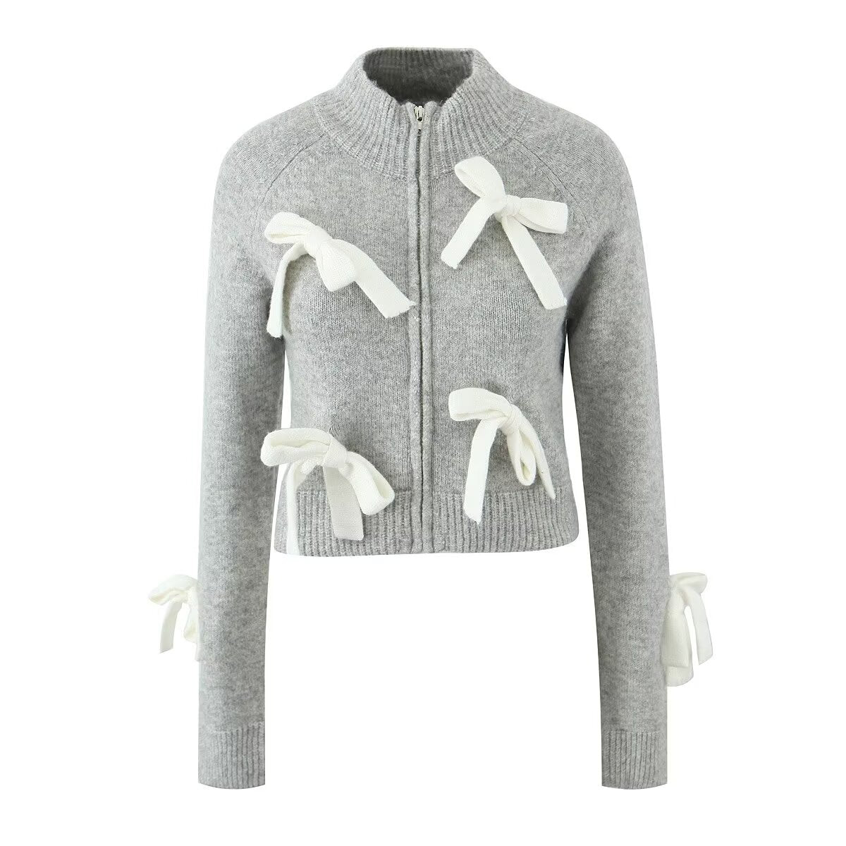 Autumn Round Neck Zipper Bow Knitted Cardigan Long Sleeve Slim Short Sweater