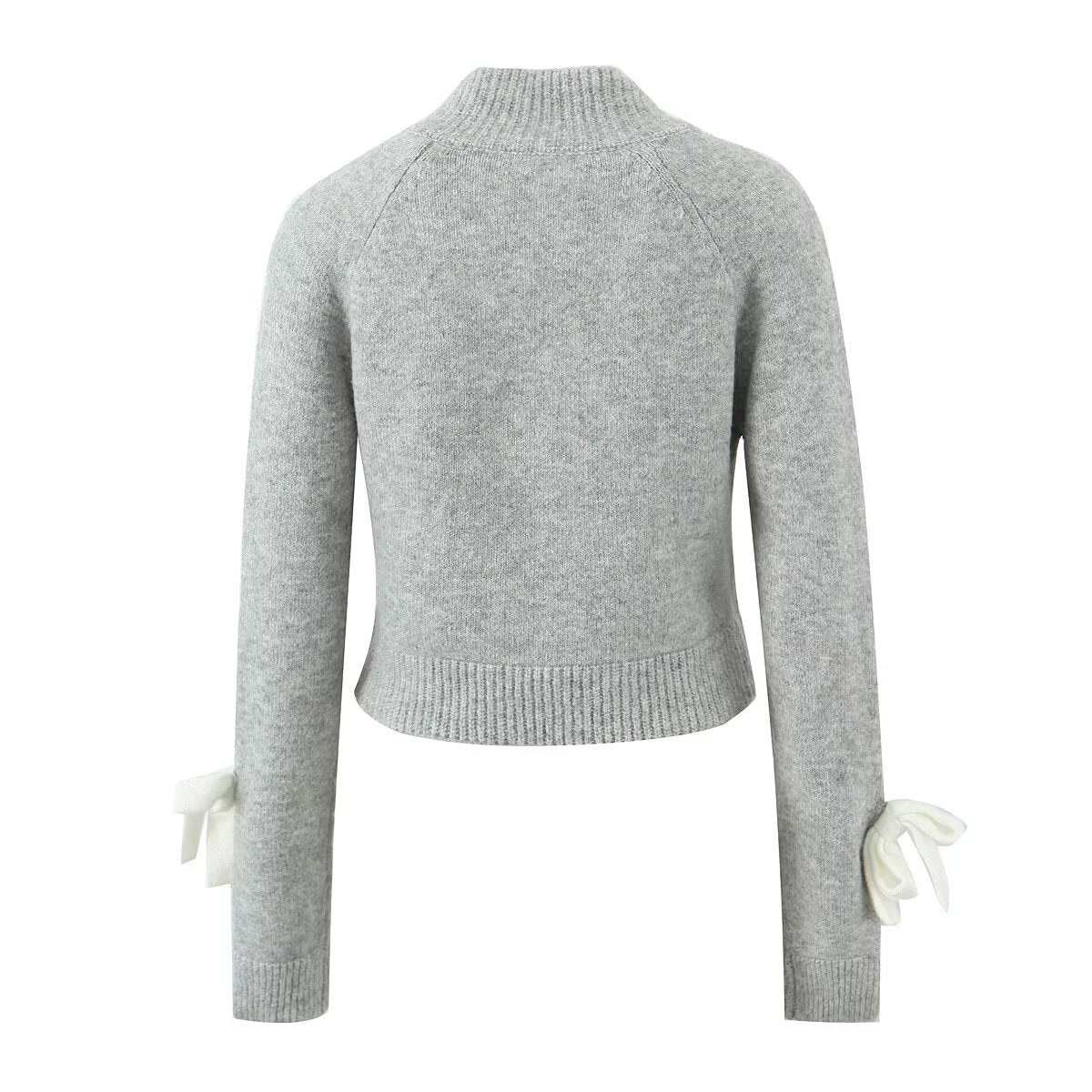 Autumn Round Neck Zipper Bow Knitted Cardigan Long Sleeve Slim Short Sweater