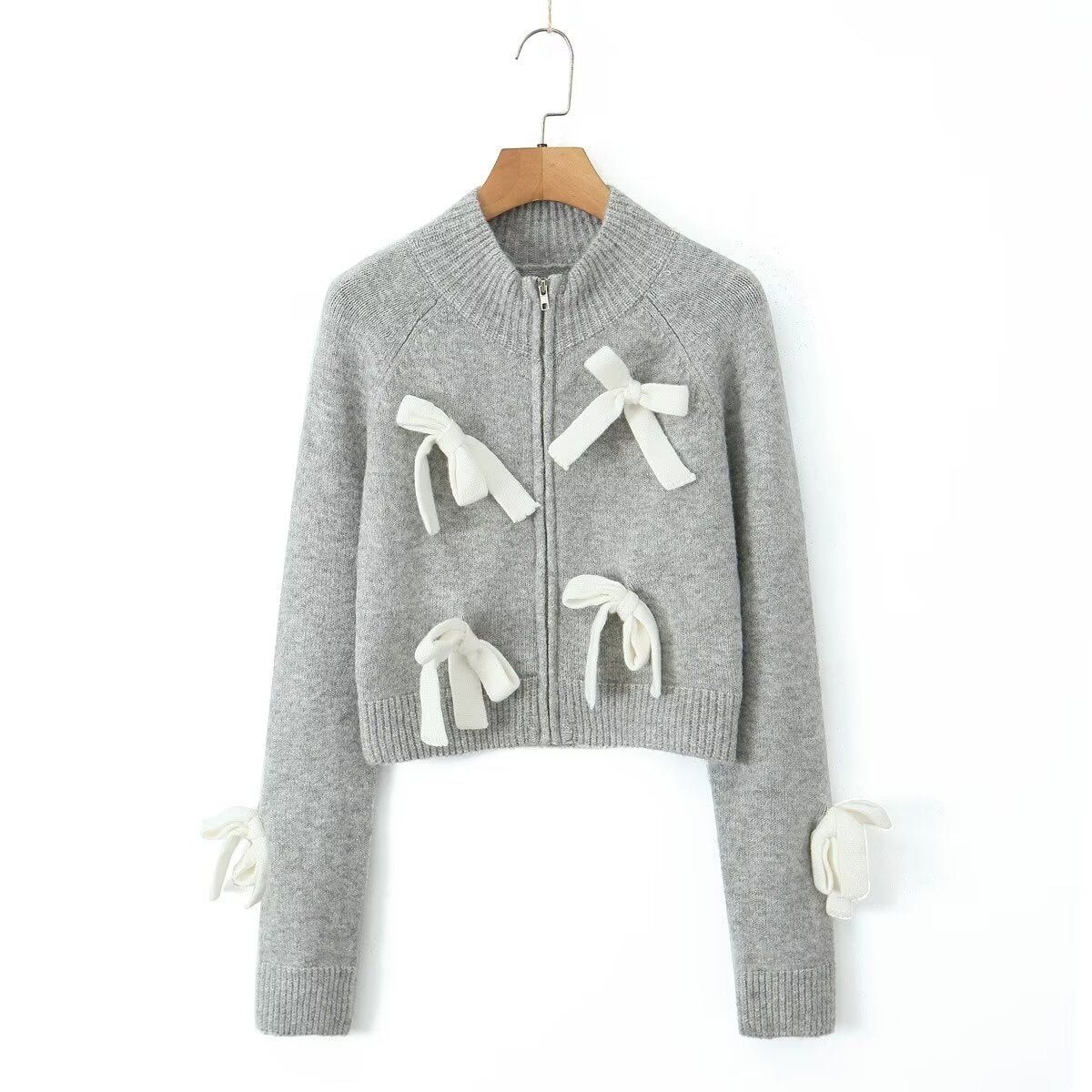 Autumn Round Neck Zipper Bow Knitted Cardigan Long Sleeve Slim Short Sweater