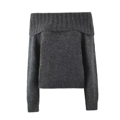 Sexy off Shoulder Pullover Sweater for Women Autumn French High Grade Gray off Shoulder Long Sleeve Sweater