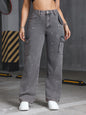 Women Summer Denim Cargo Pants Big Pocket Straight Leg Pants Street Splash Ink