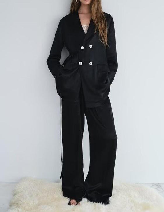 Fall Women Clothing Double Breasted Drape Blazer Straight Leg Pants Suit