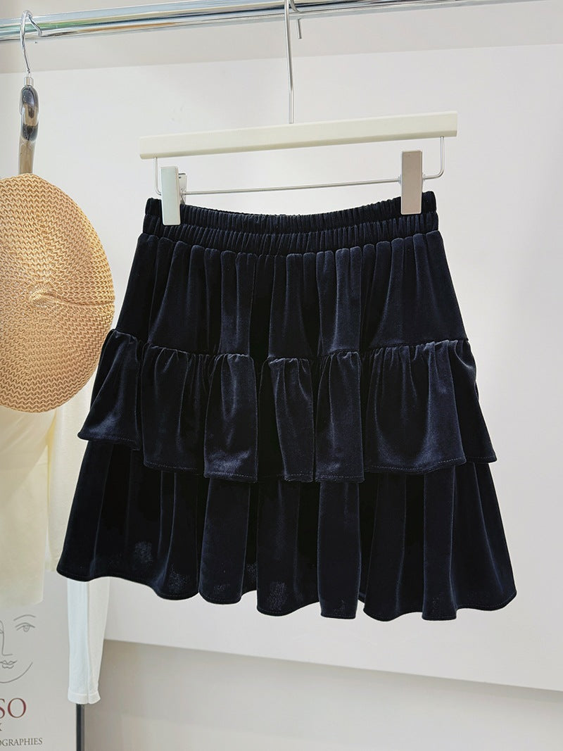 Gold Velvet Tiered Skirt Women Autumn Winter High Waist Slimming Small A Line Bubble Short Skirt