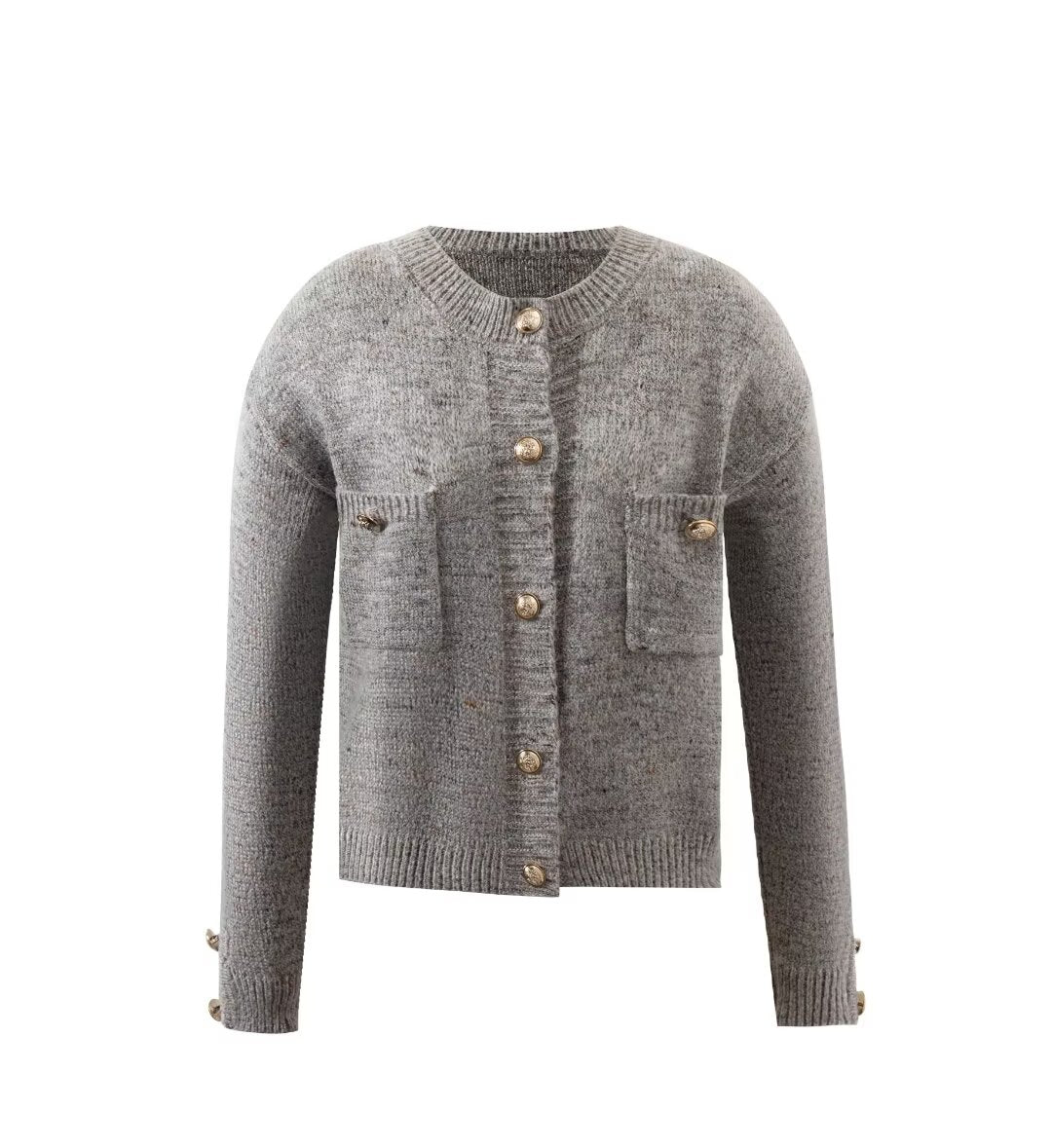 Early Spring Gray Cropped Sweater Coat Women Classic Knitted Cardigan