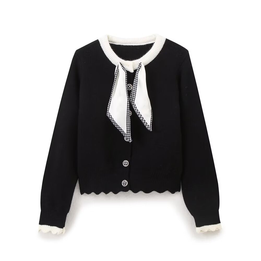 Autumn Winter French Bow Lace up Sweater Cardigan Small Gentle round Neck Knitted Top for Women