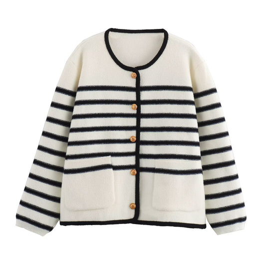 Women Clothing Autumn Winter Classic Vintage Stripe Knitted Cardigan All-Matching Graceful Knitted Coat for Women