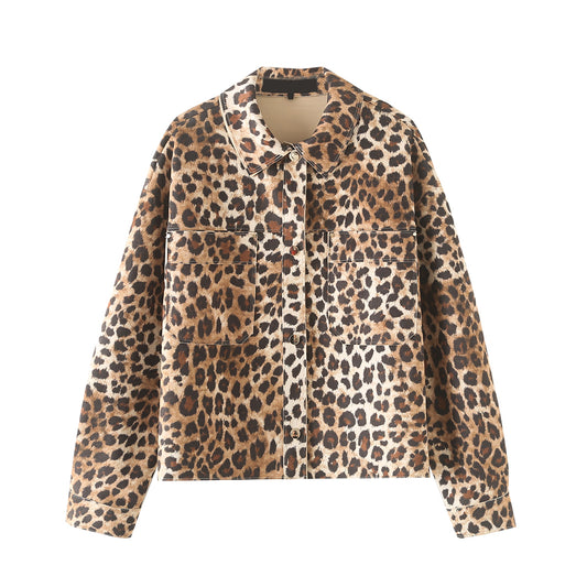 Autumn Women Leopard Print Suede Textured Jacket Jacket