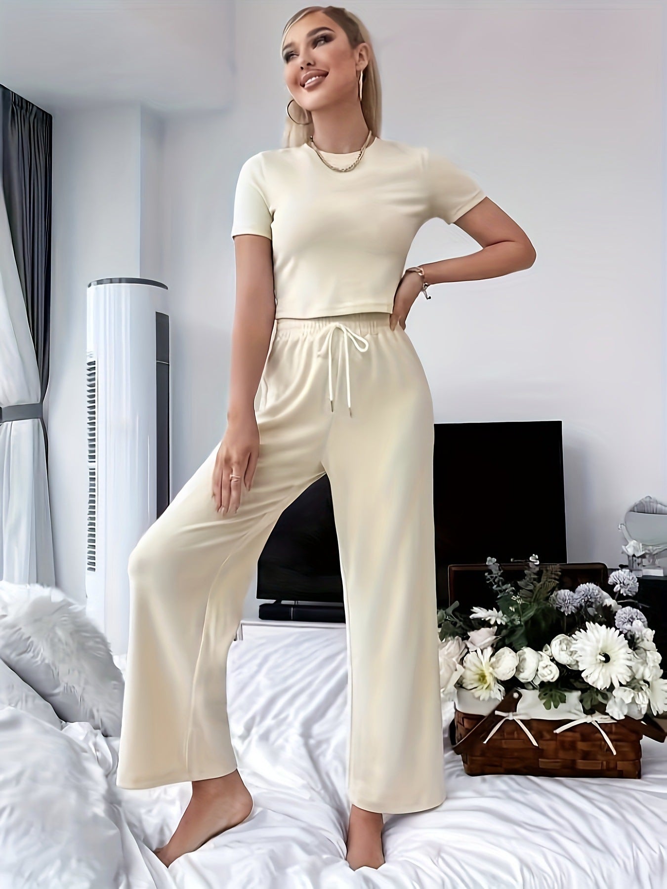 Casual Elastic Waist Straight Wide Leg Pants