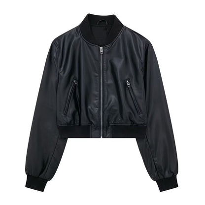 Women Clothing Autumn Casual Faux Leather Bomber Jacket Jacket