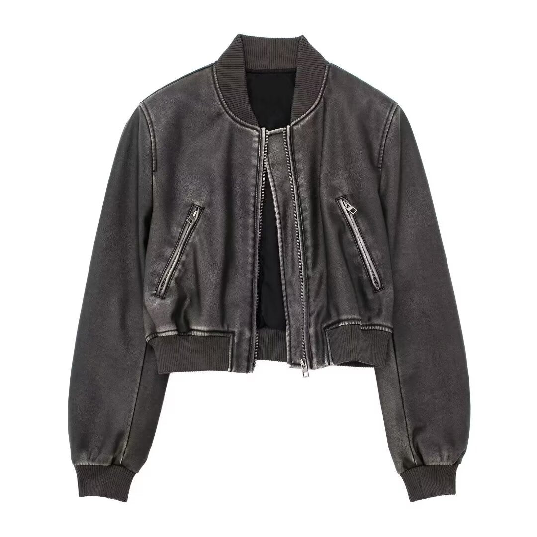 Women Clothing Autumn Casual Faux Leather Bomber Jacket Jacket