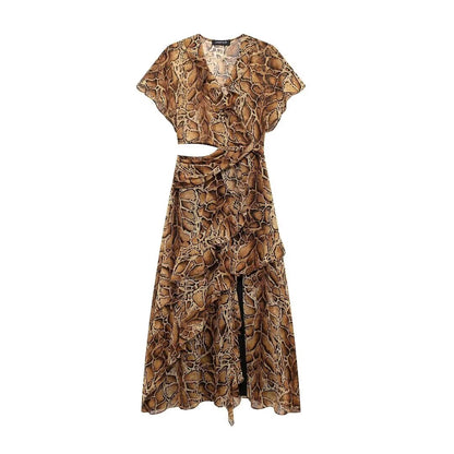 Women Clothing Laminated Decoration Animal Pattern Printing Midi Dress