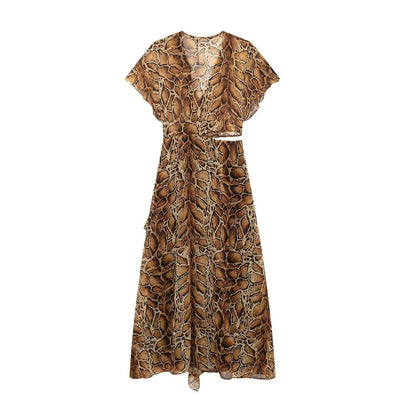 Women Clothing Laminated Decoration Animal Pattern Printing Midi Dress