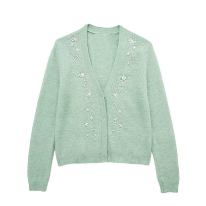 Sweet Decorated Pearls Knitted Cardigan Coat Artificial Pearl Knitted Short Vest Two Piece Sling Top Women