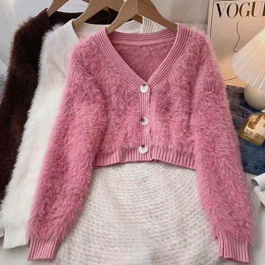 Short Knitted Cardigan Autumn Winter Solid Color Long Wool College V Neck Long Sleeve Artificial Mink Fur Outer Women