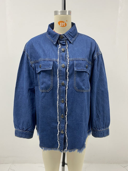 Women Clothing Loose Denim Jacket Street Washed Polo Collar Jacket Top Women