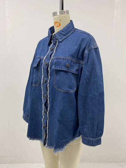 Women Clothing Loose Denim Jacket Street Washed Polo Collar Jacket Top Women