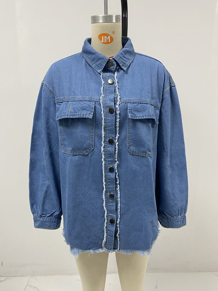 Women Clothing Loose Denim Jacket Street Washed Polo Collar Jacket Top Women