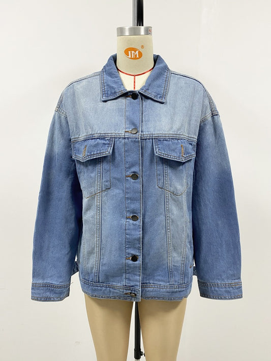 Light Blue Washed Denim Jacket Women Casual Loose Fitting Jacket Top