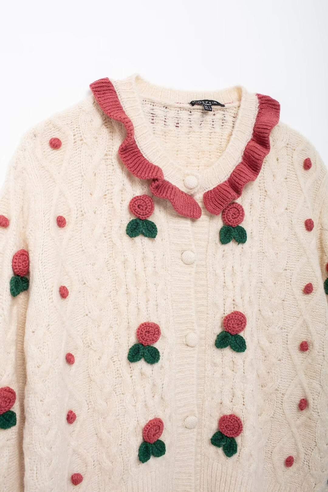 Women Clothing Autumn Winter Heavy Industry Ball Strawberry Embroidered Crew Neck Sweater