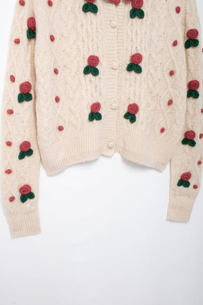 Women Clothing Autumn Winter Heavy Industry Ball Strawberry Embroidered Crew Neck Sweater