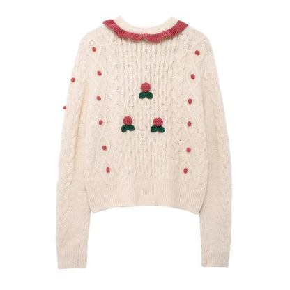 Women Clothing Autumn Winter Heavy Industry Ball Strawberry Embroidered Crew Neck Sweater