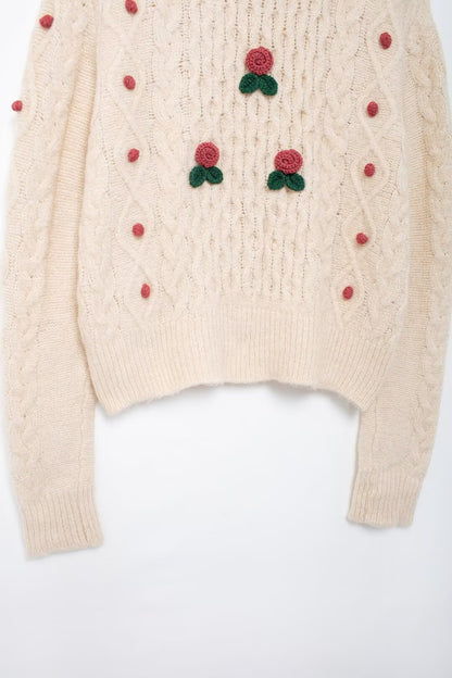 Women Clothing Autumn Winter Heavy Industry Ball Strawberry Embroidered Crew Neck Sweater