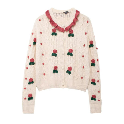 Women Clothing Autumn Winter Heavy Industry Ball Strawberry Embroidered Crew Neck Sweater