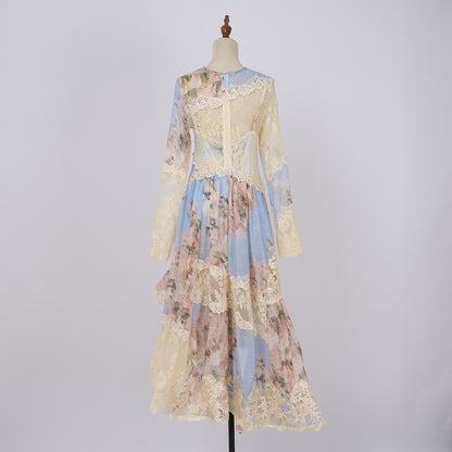 French Vintage dress Print Lace Dress