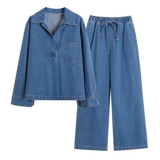 Summer Women Washed Blue Denim Loose Shirt Jeans Suit Women