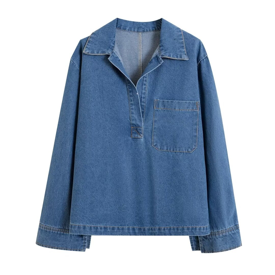 Summer Women Washed Blue Denim Loose Shirt Jeans Suit Women