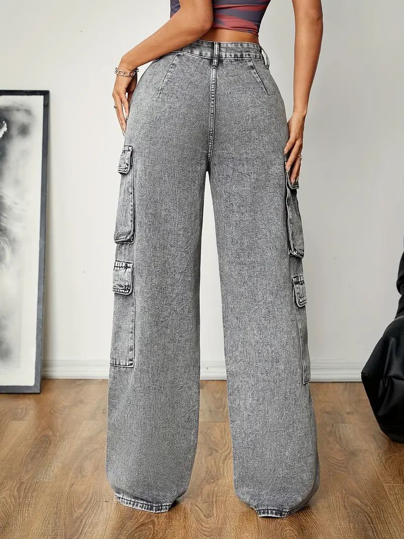 Distressed Stitching Multi Pocket Cargo Pants High Waist Smoky Gray Loose Casual Jeans Street