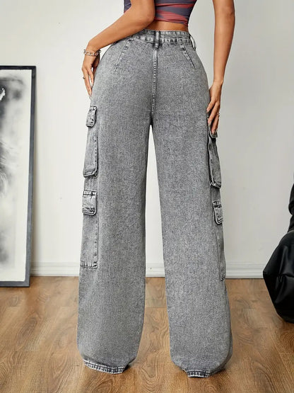 Distressed Stitching Multi Pocket Cargo Pants High Waist Smoky Gray Loose Casual Jeans Street