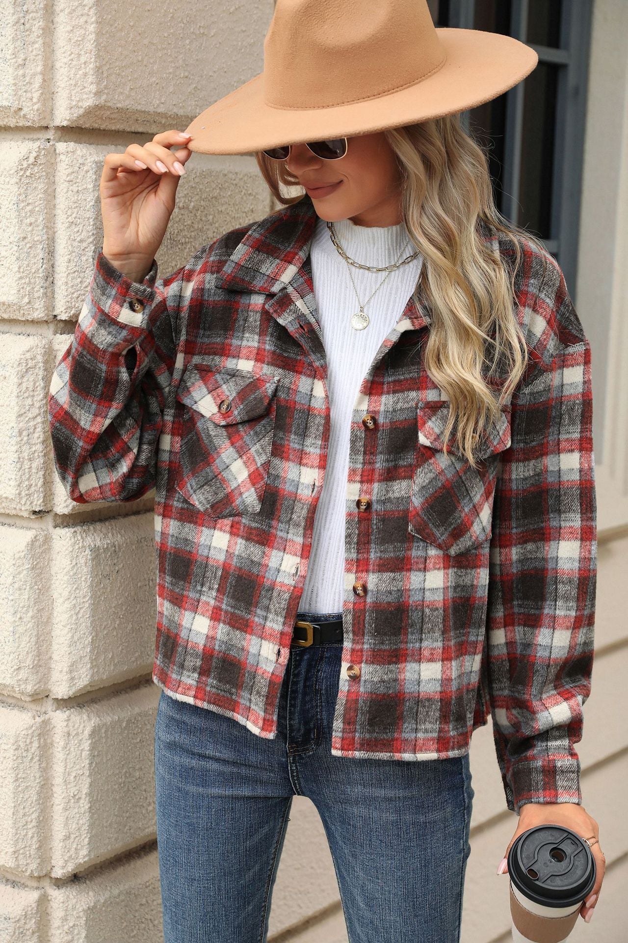 Autumn Winter Long Sleeve Loose Pockets Plaid Top Coat Women