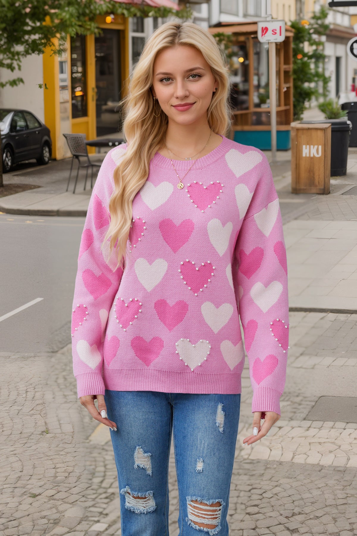 Autumn Winter Valentine Day round Neck Handmade Beaded Heart Peach Pullover Sweater