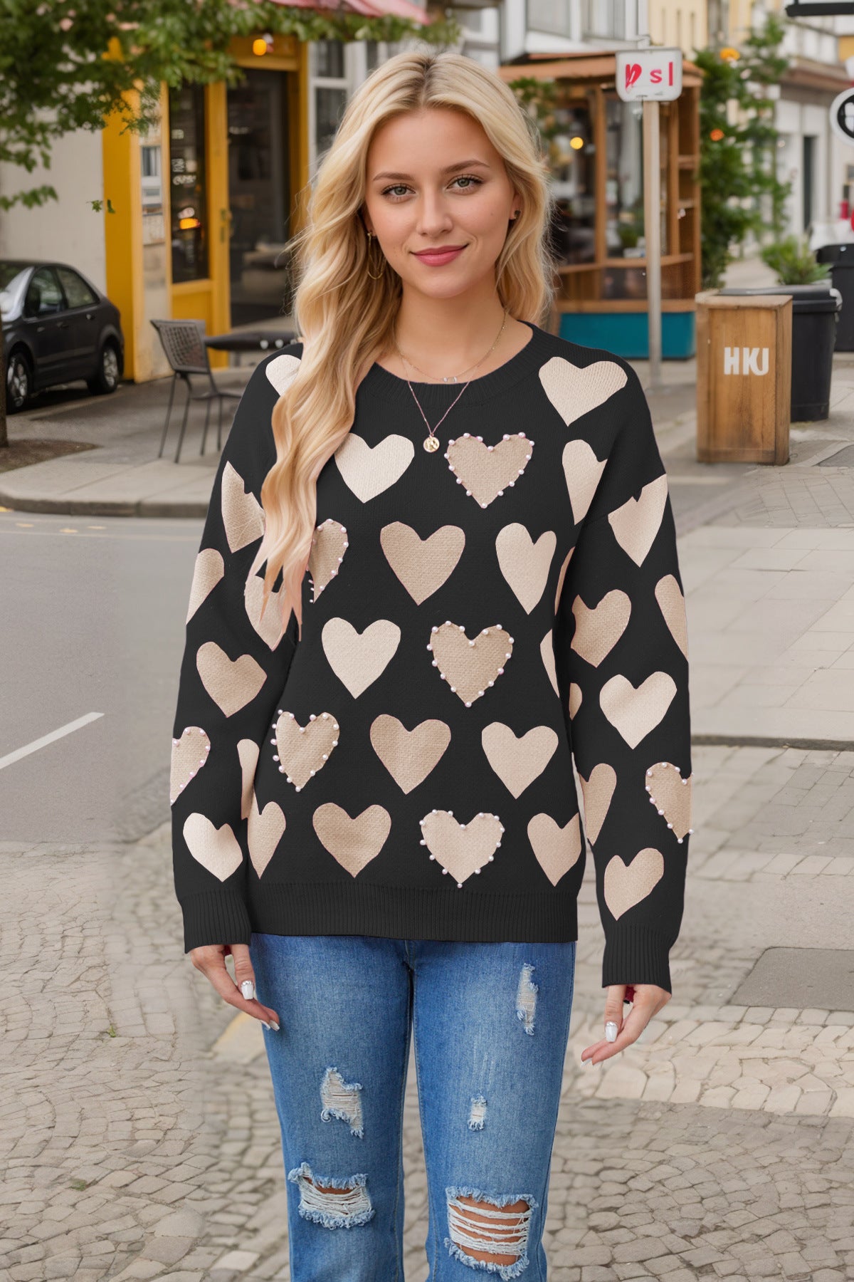 Autumn Winter Valentine Day round Neck Handmade Beaded Heart Peach Pullover Sweater