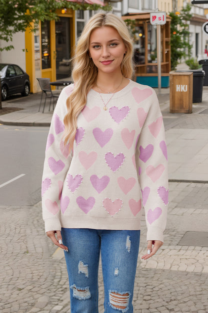 Autumn Winter Valentine Day round Neck Handmade Beaded Heart Peach Pullover Sweater