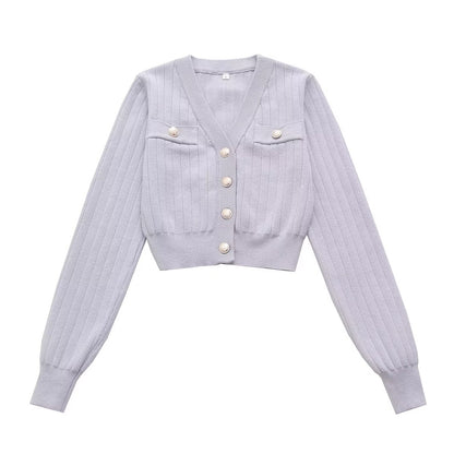 Fall V Neck Long Sleeved Light Purple Personalized Button Short Casual Knitted Cardigan Women