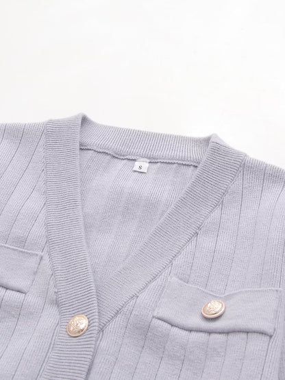 Fall V Neck Long Sleeved Light Purple Personalized Button Short Casual Knitted Cardigan Women