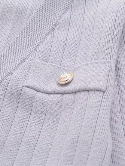 Fall V Neck Long Sleeved Light Purple Personalized Button Short Casual Knitted Cardigan Women