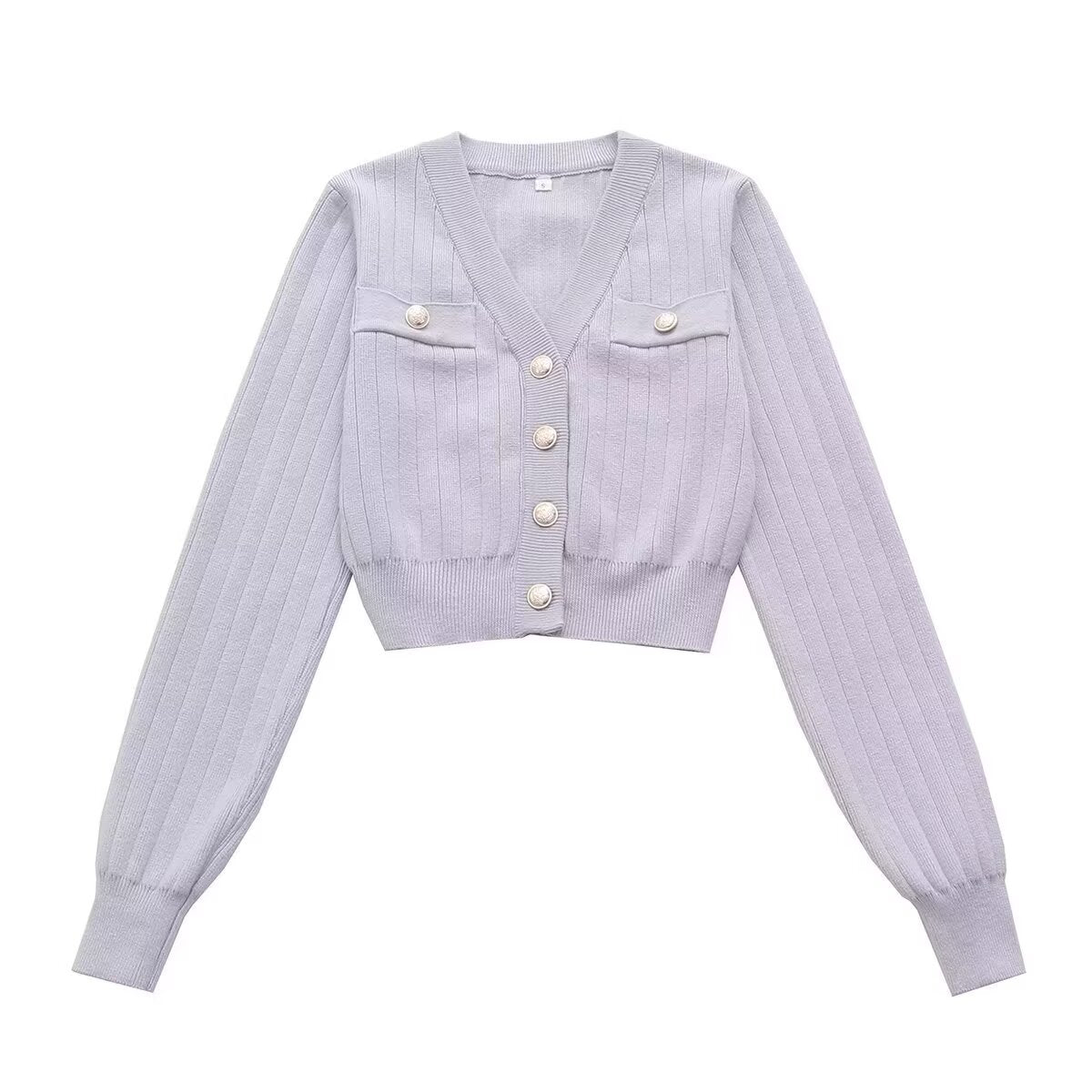 Fall V Neck Long Sleeved Light Purple Personalized Button Short Casual Knitted Cardigan Women