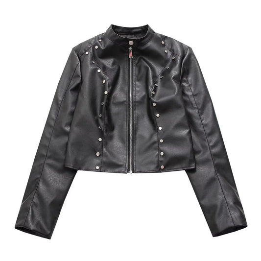 Retro Stand Collar Short Women Jacket Locomotive Handsome Women Decorative Rivets Long Sleeve Faux Leather Jacket