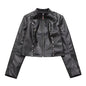 Retro Stand Collar Short Women Jacket Locomotive Handsome Women Decorative Rivets Long Sleeve Faux Leather Jacket