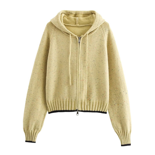 Women Clothing Autumn Winter Dot Jacquard Hooded Color Contrast Loose Casual Knitted Sweater Cardigan