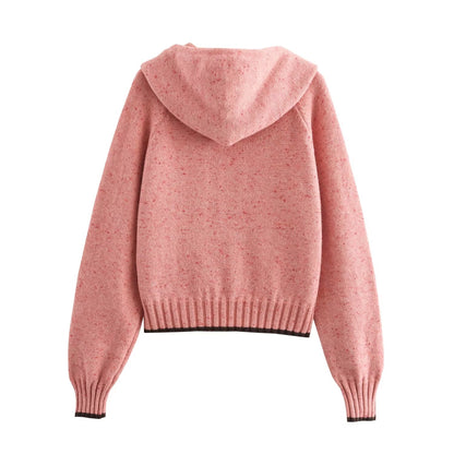 Women Clothing Autumn Winter Dot Jacquard Hooded Color Contrast Loose Casual Knitted Sweater Cardigan