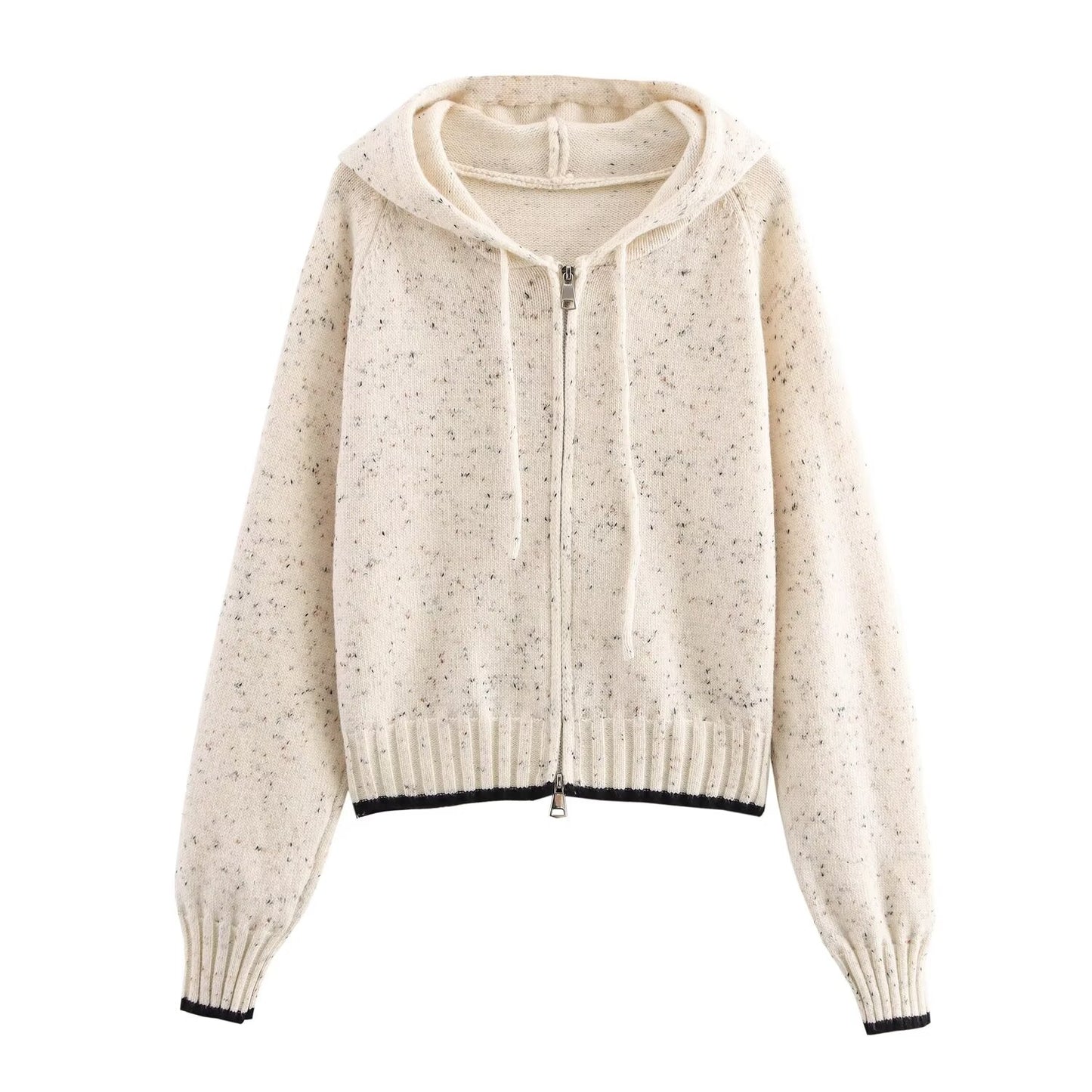 Women Clothing Autumn Winter Dot Jacquard Hooded Color Contrast Loose Casual Knitted Sweater Cardigan