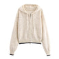 Women Clothing Autumn Winter Dot Jacquard Hooded Color Contrast Loose Casual Knitted Sweater Cardigan