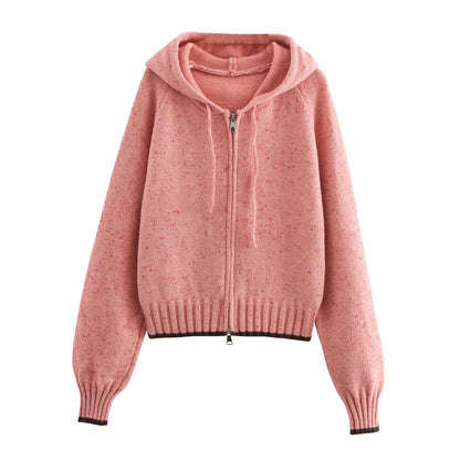 Women Clothing Autumn Winter Dot Jacquard Hooded Color Contrast Loose Casual Knitted Sweater Cardigan